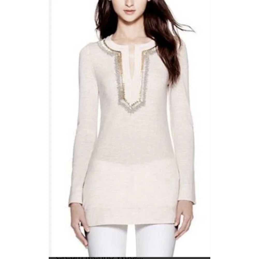 Tory Burch Dove Tunic Cream Merino‎ Wool Beaded Sweater M Preppy
